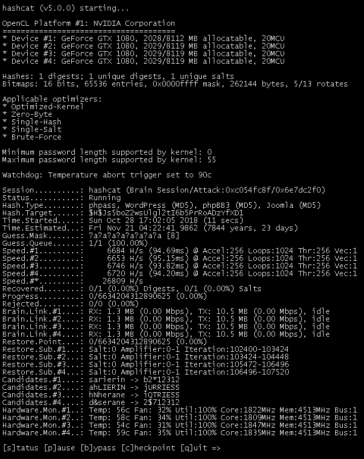 Brute forcing with the hashcat tool